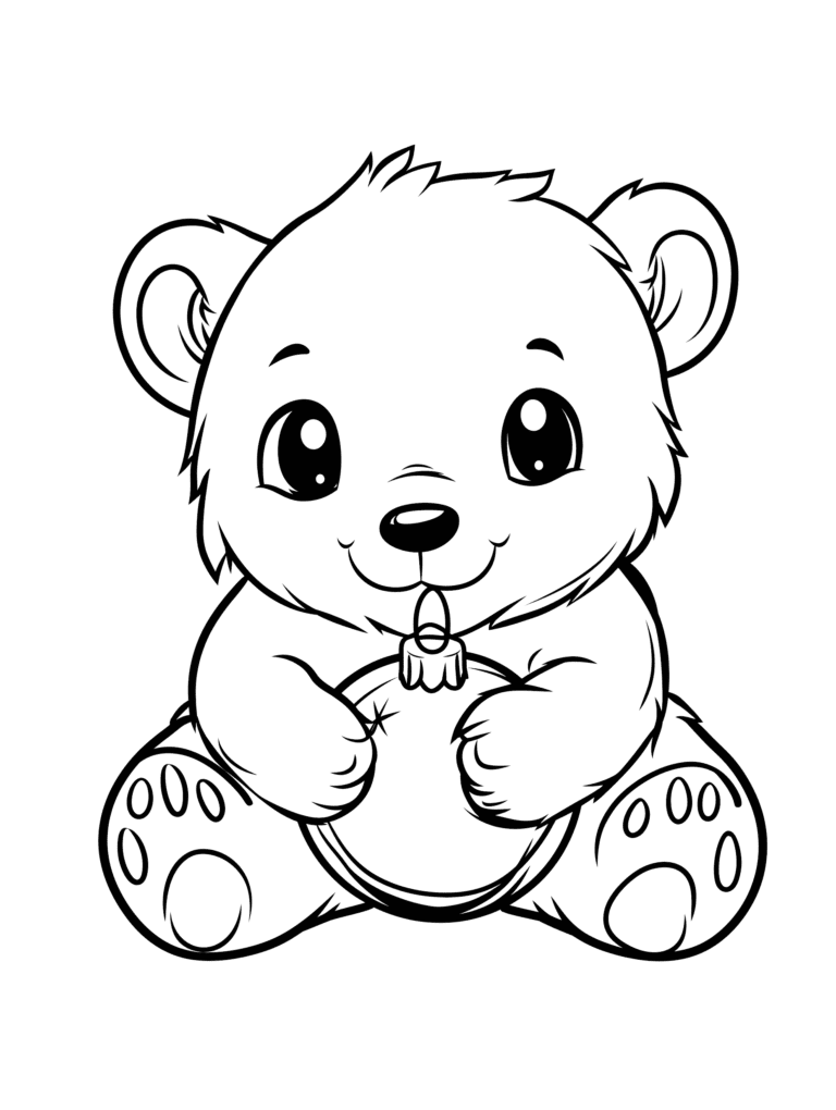 Adorable Baby Bear Hugging a Round Ornament with Sweet Expression and Soft Fluffy Fur Sitting Happily on Its Chubby Paws Kids Christmas Printable Coloring Pages By Best Printable