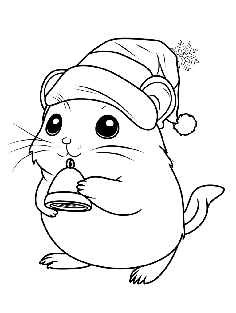 Adorable Chinchilla in Festive Santa Hat Holding a Shiny Holiday Bell with Elegant Snowflake Design Kids Christmas Printable Coloring Pages By Best Printable