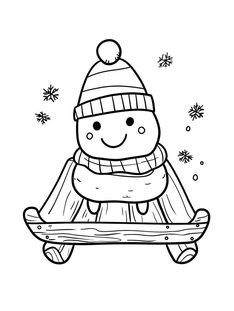 Adorable Snowball Character Wearing Cozy Hat and Scarf Joyfully Sliding on Wooden Sled Surrounded by Falling Snowflakes in a Winter Wonderland Scene Kids Christmas Printable Coloring Pages By Best Printable