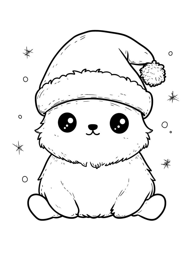Adorable Fluffy Baby Animal Wearing a Festive Santa Hat Sitting Happily Surrounded by Gentle Falling Snowflakes and Tiny Floating Dots Kids Christmas Printable Coloring Pages By Best Printable
