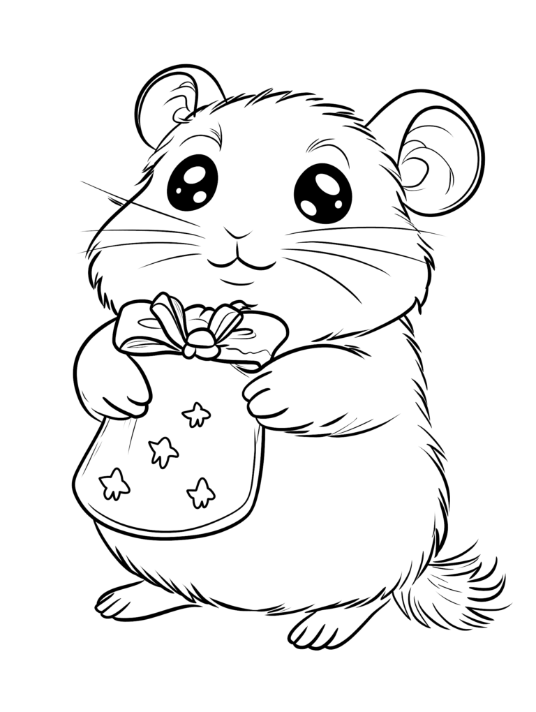 Adorable Fluffy Hamster Clutching a Decorated Gift Bag with Stars and a Ribbon Surrounded by Cute Whiskers and Big Shiny Eyes Kids Christmas Printable Coloring Pages By Best Printable