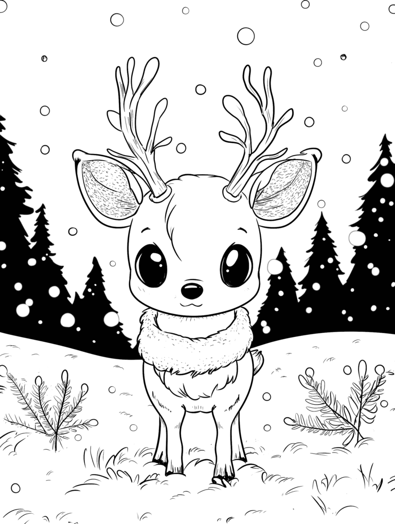 Adorable Baby Reindeer with Delicate Antlers Standing in a Snow-Covered Forest with Gently Falling Snowflakes and Tall Evergreen Trees in the Background Kids Christmas Printable Coloring Pages By Best Printable