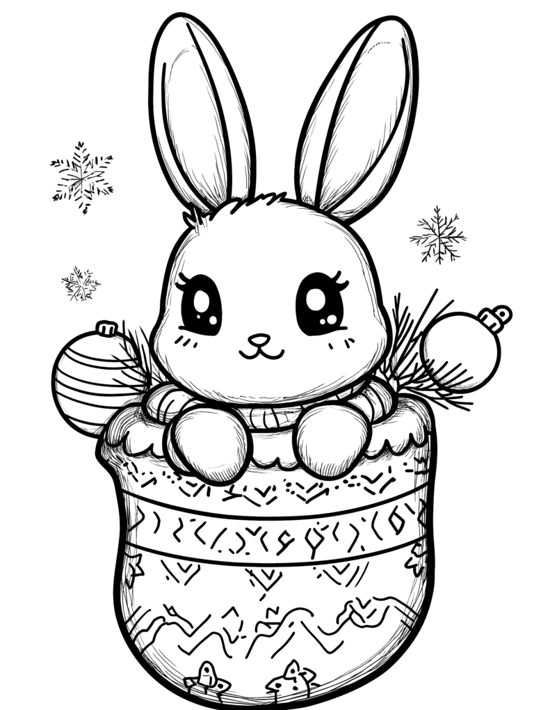 Cute Fluffy Bunny Snuggled in Cozy Patterned Christmas Stocking with Festive Ornaments and Delicate Snowflakes in a Whimsical Winter Scene Kids Christmas Printable Coloring Pages By Best Printable