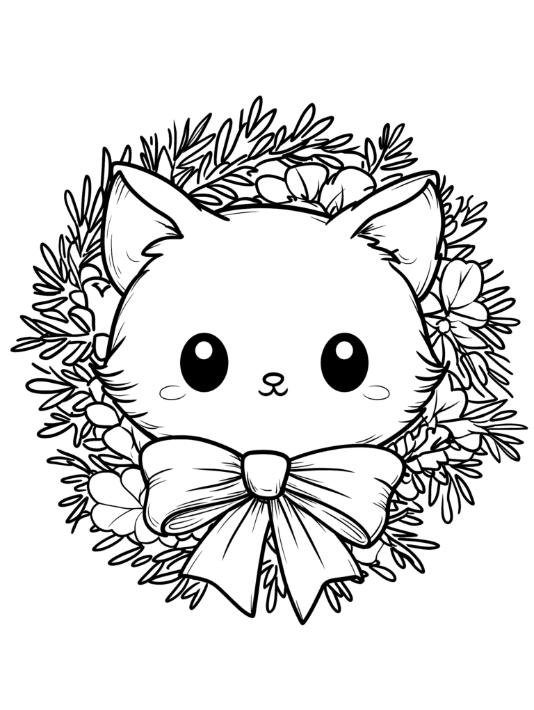Adorable Cat Face Adorned with a Large Bow Framed by Lush Floral Wreath with Delicate Leaves and Blooming Flowers Kids Christmas Printable Coloring Pages By Best Printable