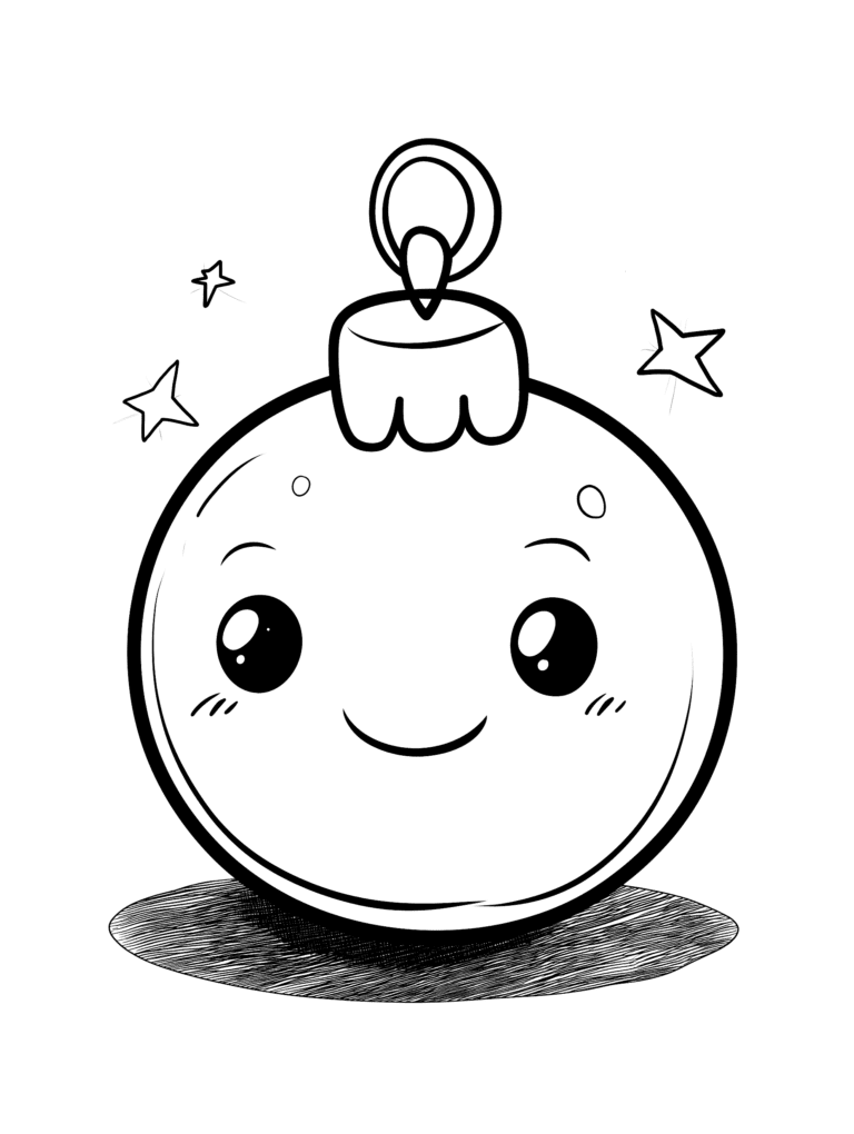 Smiling Christmas Ornament with Cute Face and Shiny Eyes Surrounded by Sparkling Stars and Shaded Base in Black and White Style Kids Christmas Printable Coloring Pages By Best Printable