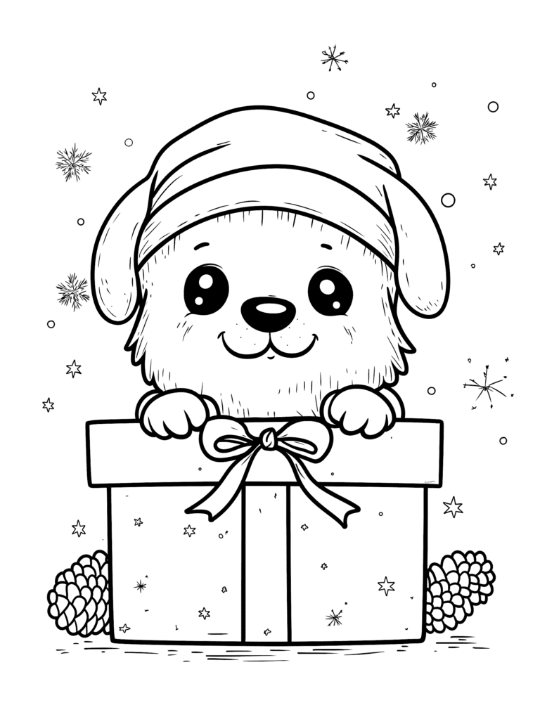 Adorable Puppy Peeking from a Decorated Gift Box with Cozy Winter Hat Surrounded by Falling Snowflakes and Pinecones in a Festive Scene Kids Christmas Printable Coloring Pages By Best Printable