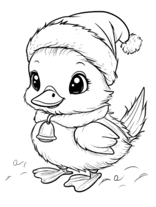 Adorable Fluffy Baby Duckling Dressed in a Cozy Santa Hat and Scarf Standing in a Snowy Winter Wonderland with a Little Bell Accessory Kids Christmas Printable Coloring Pages By Best Printable
