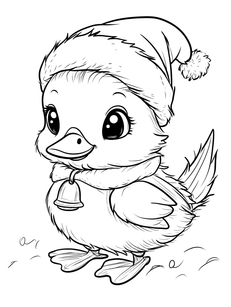 Adorable Fluffy Baby Duckling Dressed in a Cozy Santa Hat and Scarf Standing in a Snowy Winter Wonderland with a Little Bell Accessory Kids Christmas Printable Coloring Pages By Best Printable