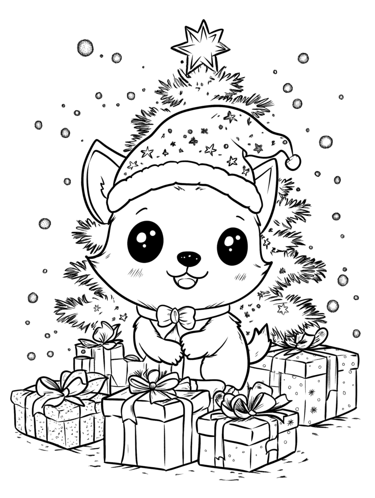 Adorable Puppy Wearing a Festive Santa Hat Sitting Happily in Front of a Decorated Christmas Tree Surrounded by a Pile of Beautifully Wrapped Presents with Stars and Snowflakes Falling Gently in the Background Kids Christmas Printable Coloring Pages By Best Printable